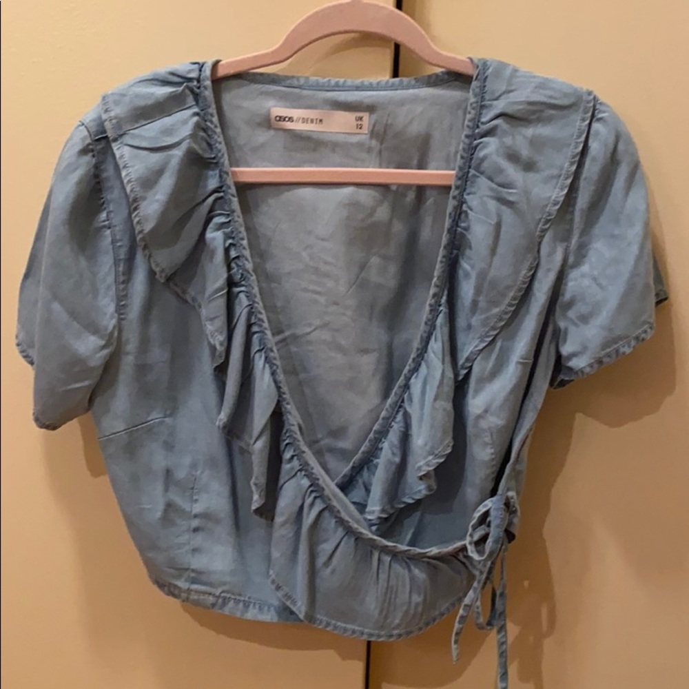 ASOS Ruffle Wrap Crop Top Denim - Picture 2 of 3